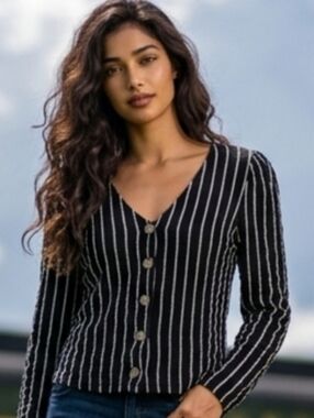 Urban Romantics Black and White Striped Button-Up V-Neck Top Large Cropped Shirt